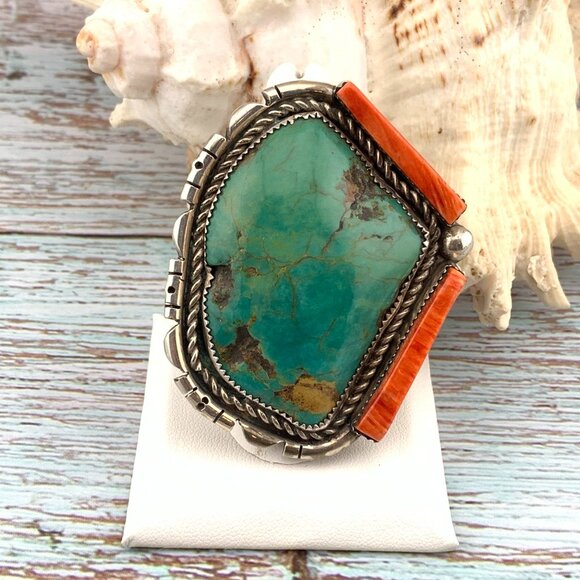 Native American Jewelry - Huge Turquoise & Spiny Oyster Sterling Silver Navajo Native American Vtg Ring